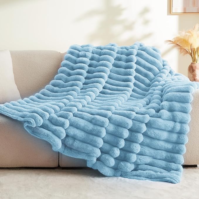 BEDELITE Faux Rabbit Fur Blanket, Luxurious 3D Striped Spring Blanket for Decor & Gift, Soft and Warm Plush Fluffy Faux Fur Throw Blanket All Seasons Suitable, (Light Blue, 50