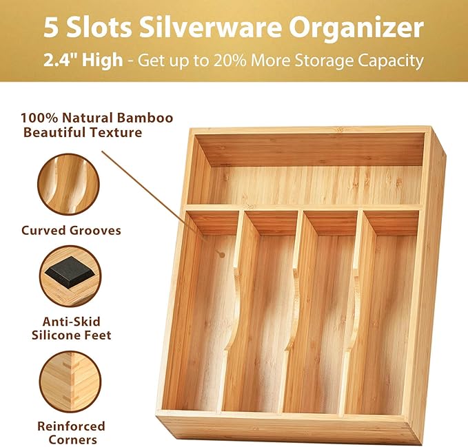 Umilife Bamboo Kitchen Drawer Organizer, 11 Inch Silverware Utensils Tray Holder with Grooved Dividers, 2.4