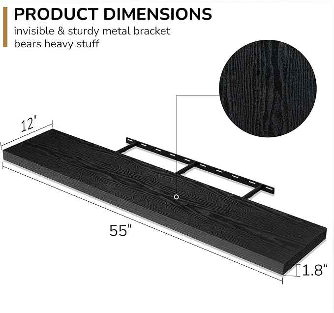 Fun Memories Floating Shelves - 12 Inch Rustic Wooden Wall Shelves - Extra Deeper & Thicker Wall Mounted Storage Shelf for Living Room, Kitchen, Farmhouse - 55" W x 12" D x 1.8" H - Rustic Black