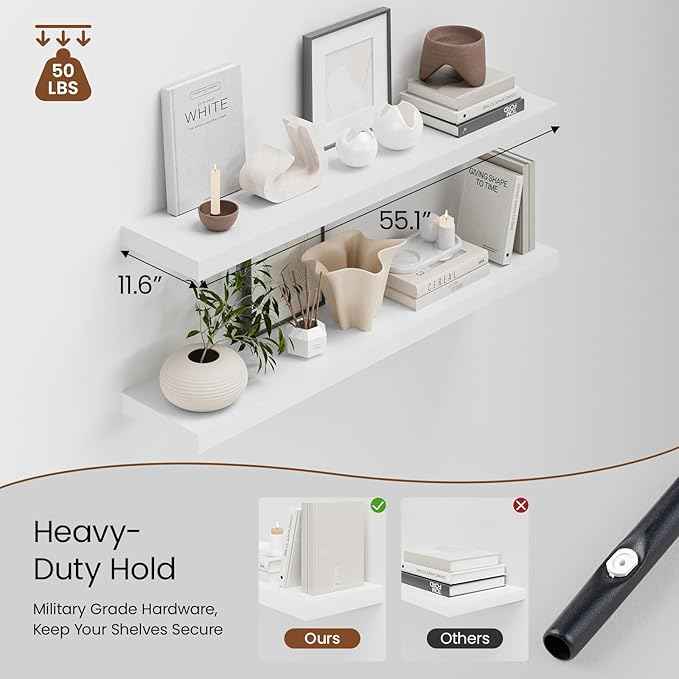 Heimlove 55 x 12 inch Extra Long Floating Shelves for Wall, 12 Inch Deep Floating Shelves, Large Display Shelf & Storage Shelf for Living Room Bedroom Kitchen Home Office, Set of 2, White
