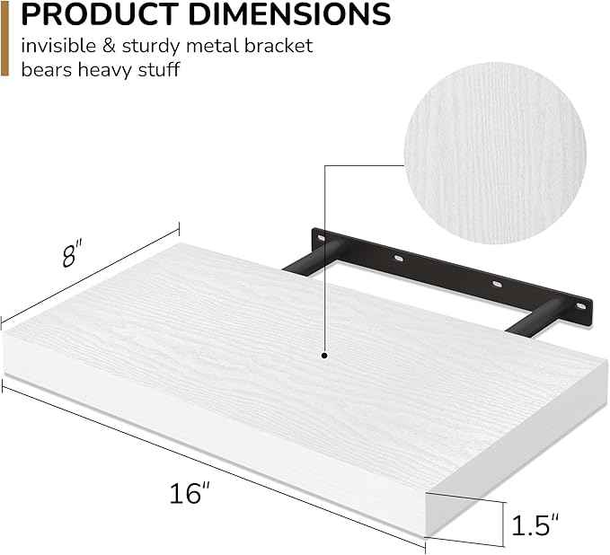 Fun Memories 16 Inch Floating Shelves - Deep Rustic White Wooden Wall Shelves - Extra Deeper & Thicker Wall Mounted Storage Shelf for Bedroom, Kitchen, Farmhouse - 2 Pack, Rustic White