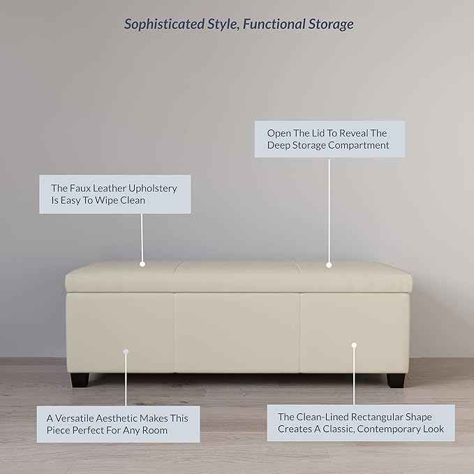 BELLEZE 47 Inch Storage Ottoman, Faux Leather Storage Bench Bedroom Bench with Safety Close Hinge, Ottoman with Storage for Living Room, Entryway, Hallway, Foot Rest, Support 300lbs - Cream