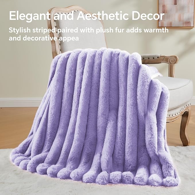 BEDELITE Faux Fur Throw Blanket for Couch, Soft and Cozy Luxurious 3D Striped Fluffy Blanket, 770GSM Thick Warm Plush Fuzzy Faux Rabbit Fur Blanket for Women Gift (Lavender, 50