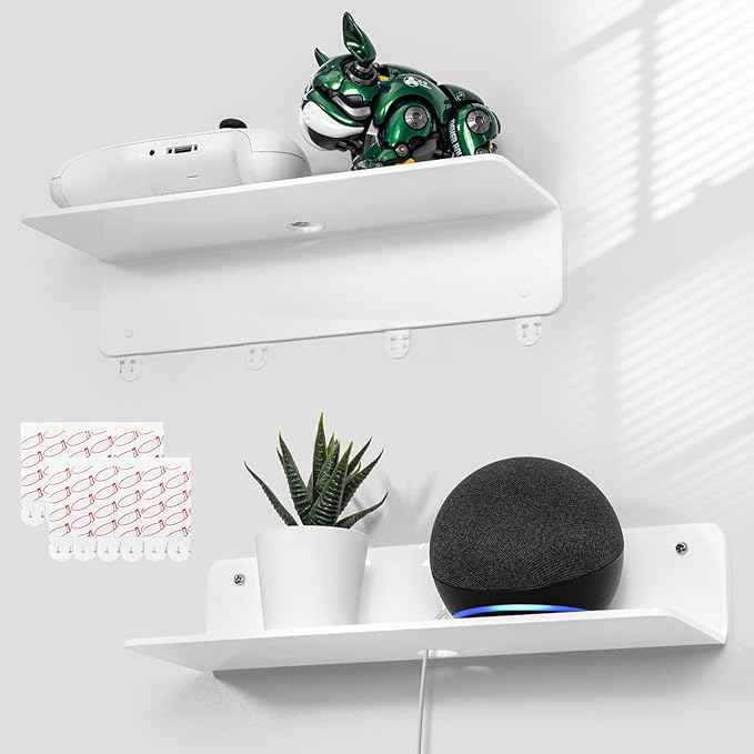 OAPRIRE White Acrylic Floating Shelves Set of 2 - Damage Free Expand Wall Space - 12 Inch Wall Shelves with Strong Adhesive for Bathroom, Bedroom, etc