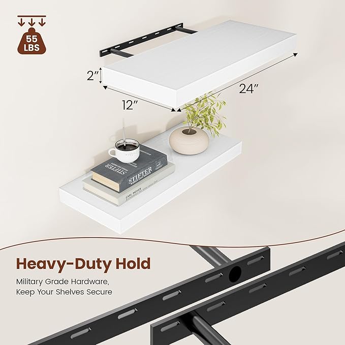 White Floating Shelves for Wall, 24 Inch X 12 Deep Shelves for Room Wall Mounted，2