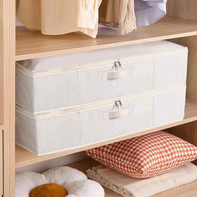 Underbed Storage Box, Clothes Organizer With Sturdy Structure and Reinforced Handles for Blanket, Sheets, Pillows, Towels, Shoes, Beige, 2 Pack, 31.5 x 15.7 x 5.9 Inch