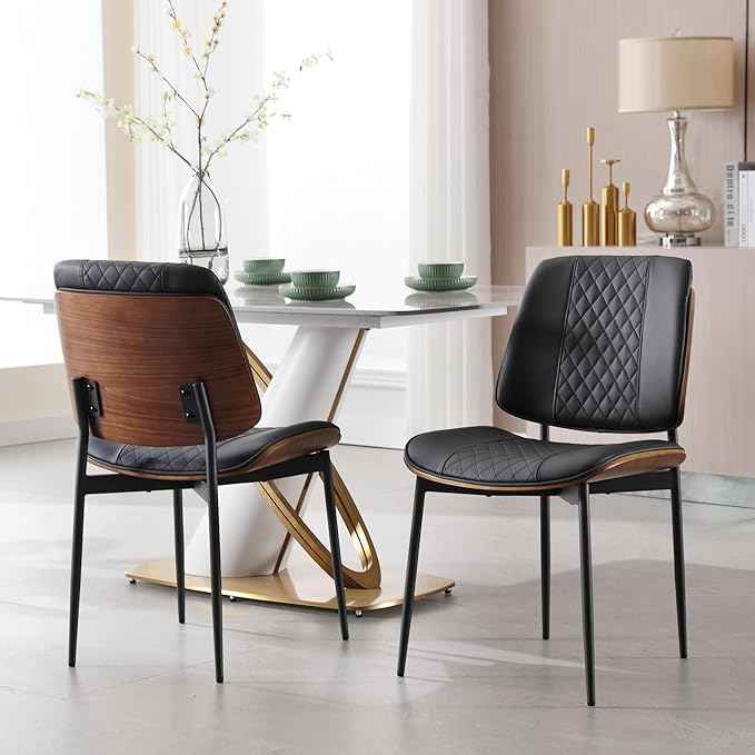 BV Dining Chairs Set of 6, PU Leather Armless Kitchen Chair in Modern Walnut Style, Mid Century Bentwood Side Chair with Metal Legs, Retro Accent Guest Chair for Kitchen Dining Room(Black)
