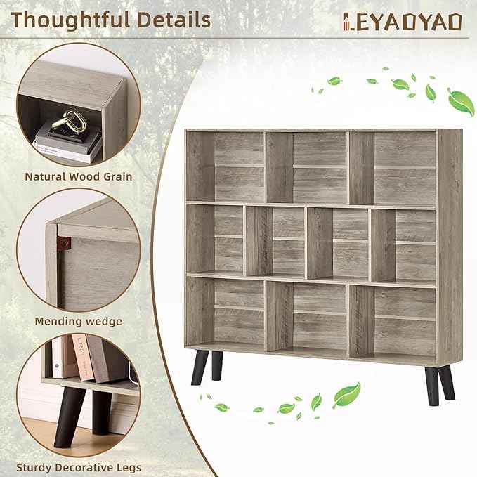 LEYAOYAO 10 Cube Bookshelf,3 Tier Modern Wide Bookcase with Legs,Mid-Century Wood Bookshelves Storage，Retro Grey Large Book Case,Freestanding Organizer Display Shelf for Bedroom,Living Room,Office