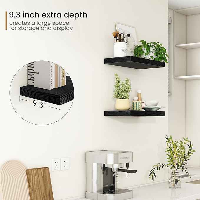 Fun Memories Deep Floating Shelves - 16" W x 9" D x 1.6" H Rustic Black Wall Shelf - Wall Mounted Shelves for Storage - Wooden Shelves with Invisible Brackets for Living Room, Farmhouse - Set of 2
