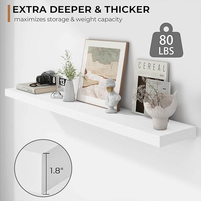Fun Memories 55 Inch Floating Shelves - 9 Inch Deep Rustic Wooden Wall Shelves - Extra Deeper & Thicker Wall Mounted Storage Shelf for Living Room, Kitchen, Farmhouse - 55
