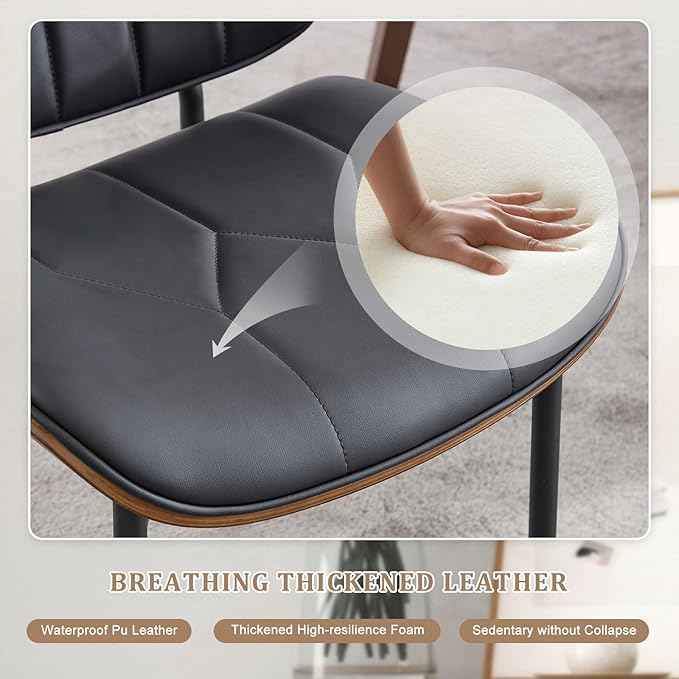 BV Mid Century Modern Dining Chairs Set of 4, Upholstered Pu Leather Armless Accent Chair with Walnut Bentwood Back, Retro Kitchen Chair for Dining Room, Living Room, Kitchen, Black