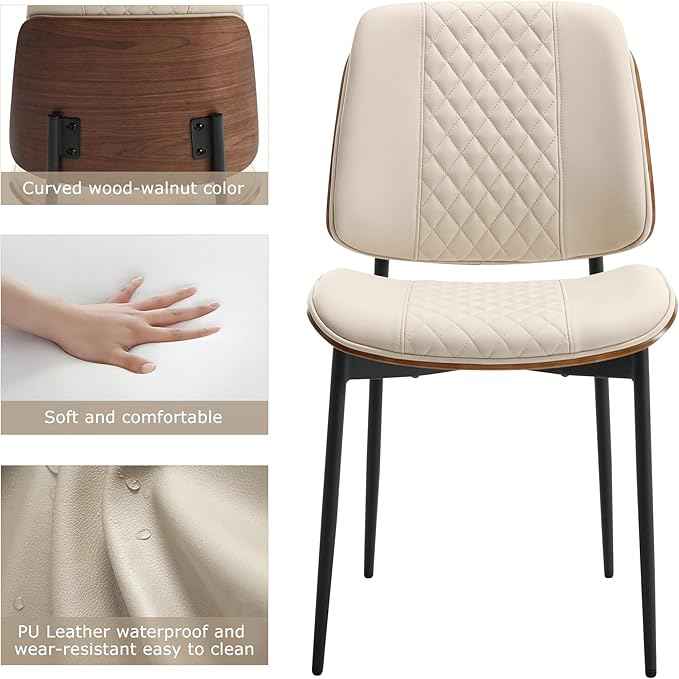 BV Dining Chairs Set of 2, PU Leather Armless Kitchen Chair in Modern Walnut Style, Mid Century Bentwood Side Chair with Metal Legs, Retro Accent Guest Chair for Kitchen Dining Room(Beige)