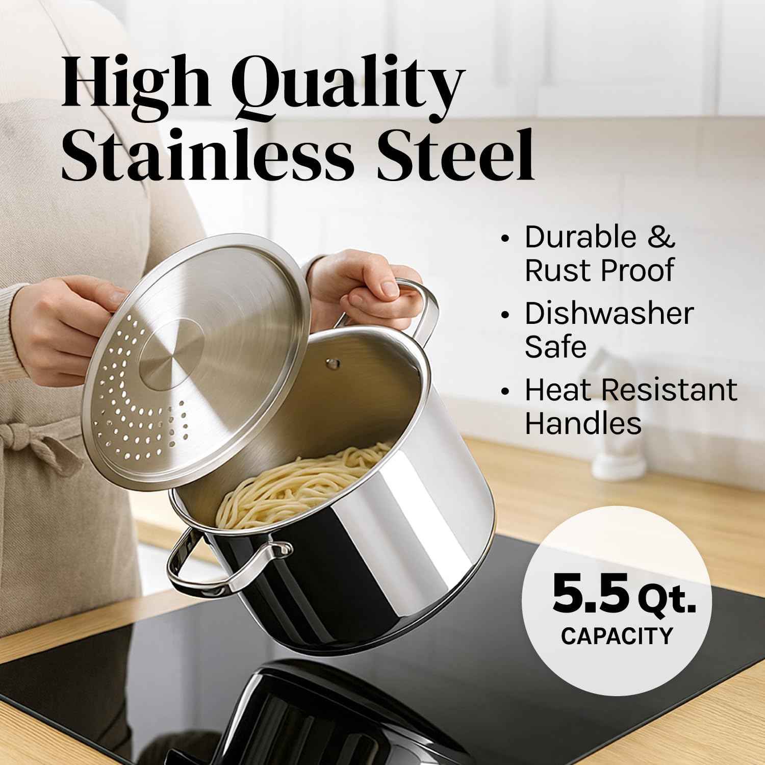Stainless Steel Pasta Pot with Locking Strainer Lid - 5.5 Quart Large Capacity | Twist & Lock for Easy Drain & No Colander
