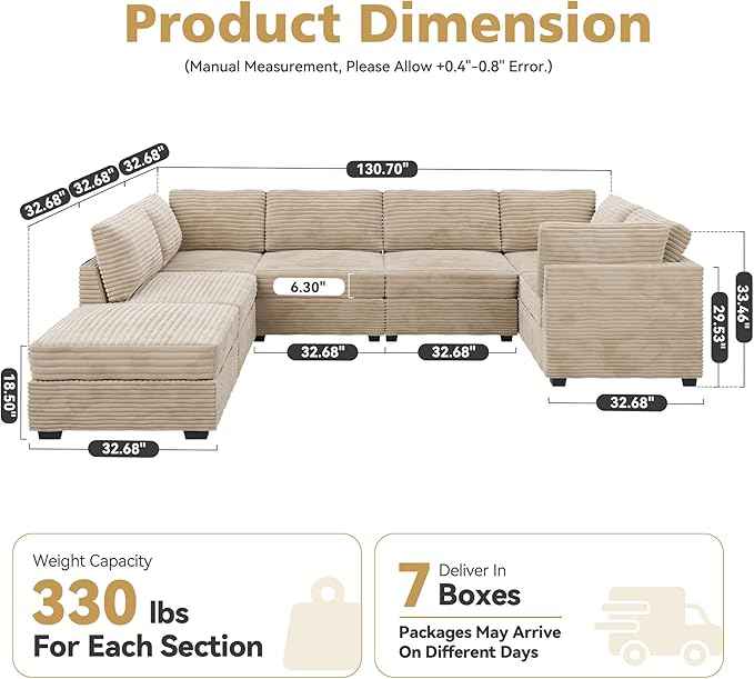 Modular Sectional Sofa with Chaise U Shaped Sectional Couch for Living Room, 7-Seater Comfy Cloud Couches with One Movable Ottoman, Plush Corduroy, Beige