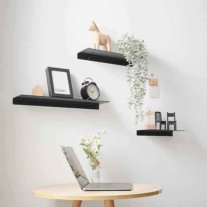 JOOM Black Floating Shelves for Wall Storage, Metal Wall Shelves for Living Room, Bathroom, Kitchen, 16” Display Shelves for Collectibles(2 PCS)