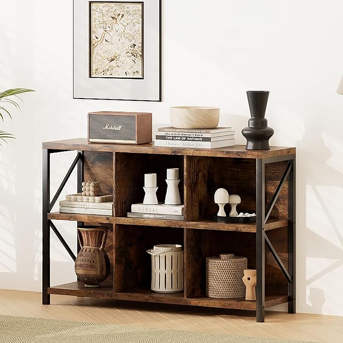 6 Cube Storage Organizer Bookshelf, Industrial Horizontal Bookcase, Accent Cubby Shelf, Media Console Table for Living Room, Home Office, 47.2 Inches, Rustic Brown