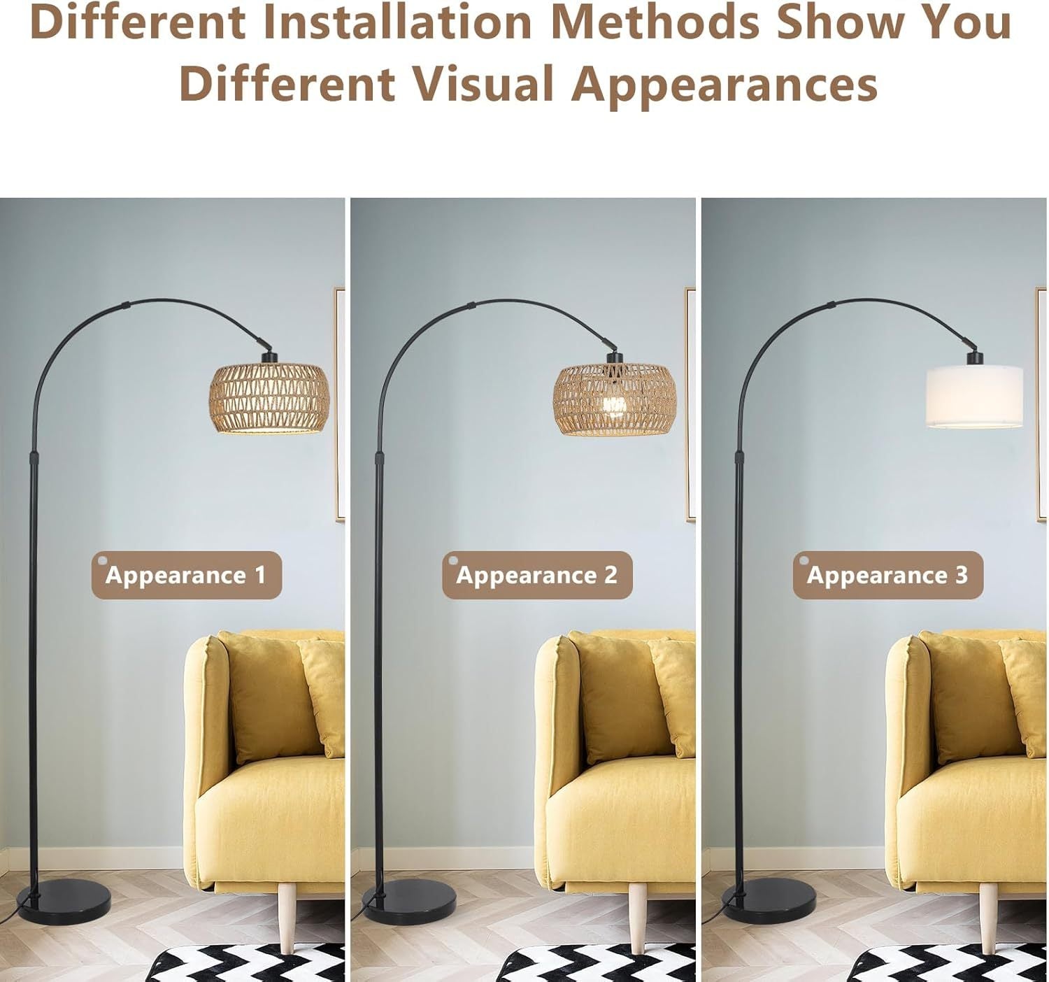Walker Edison | Boho Arc Floor Lamps for Living Room with 3 Color Temperatures