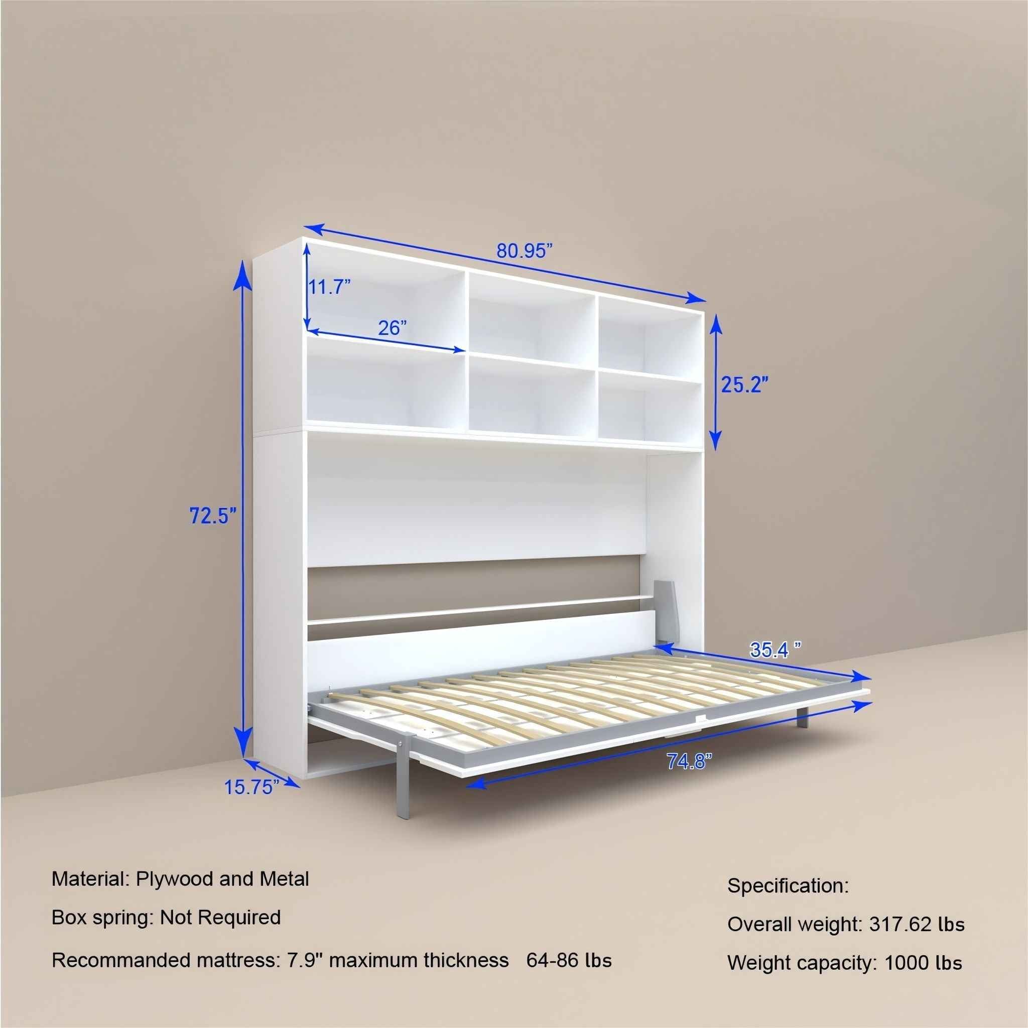 Mordern Design Twin Size Horizontal Murphy Bed With Shelf Storage For Bedroom Or Guestroom Wall Bed Space Saving Hidden Bed With New Style Gas Struts - White
