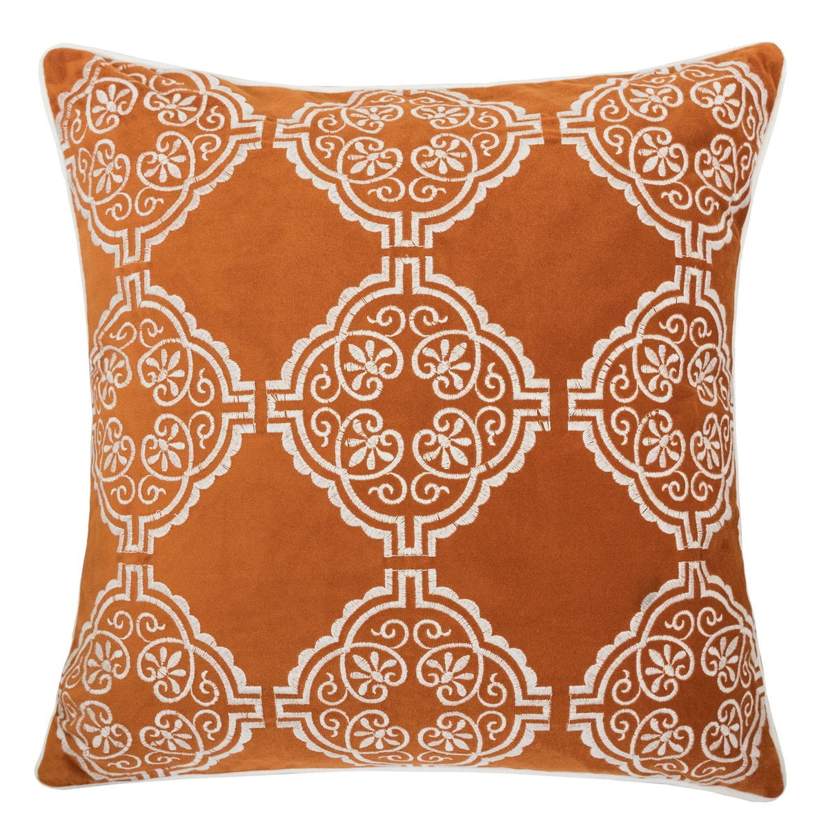 Burnt Orange Damask Embroidered Throw Pillow
