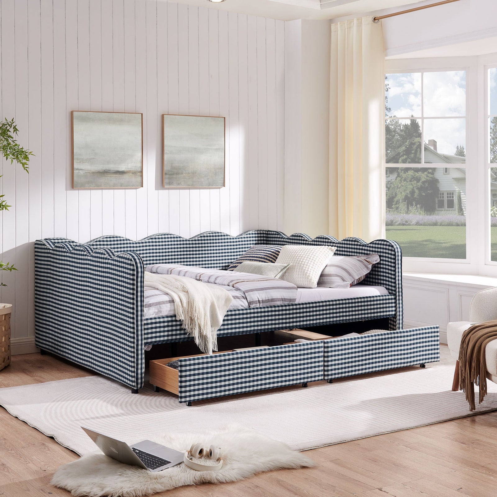 Gingham Daybed With USB Charging Port, Wave-Shaped Design