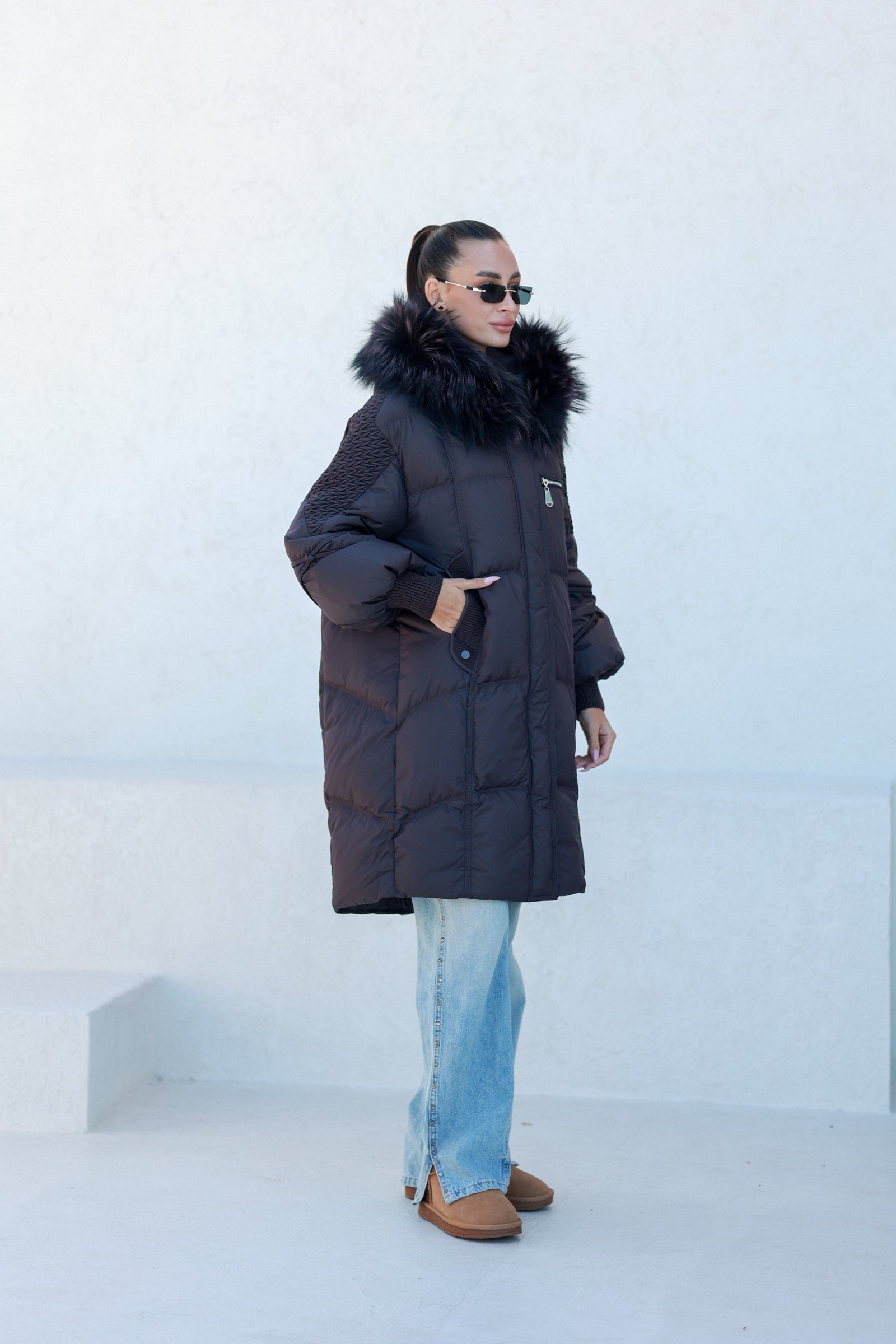 Dakota Genuine Fur Trim Down Fill Coat in Fig