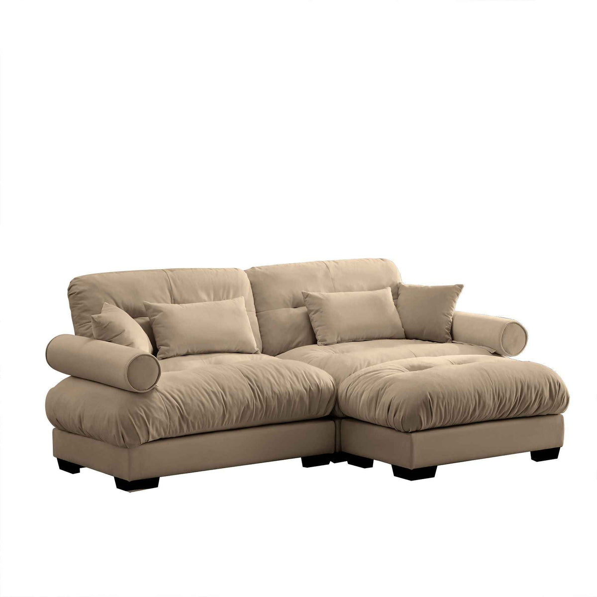 Modern Sectional Sofa With Ottoman, Round Bolster Armrests, Waist And Throw Pillows
