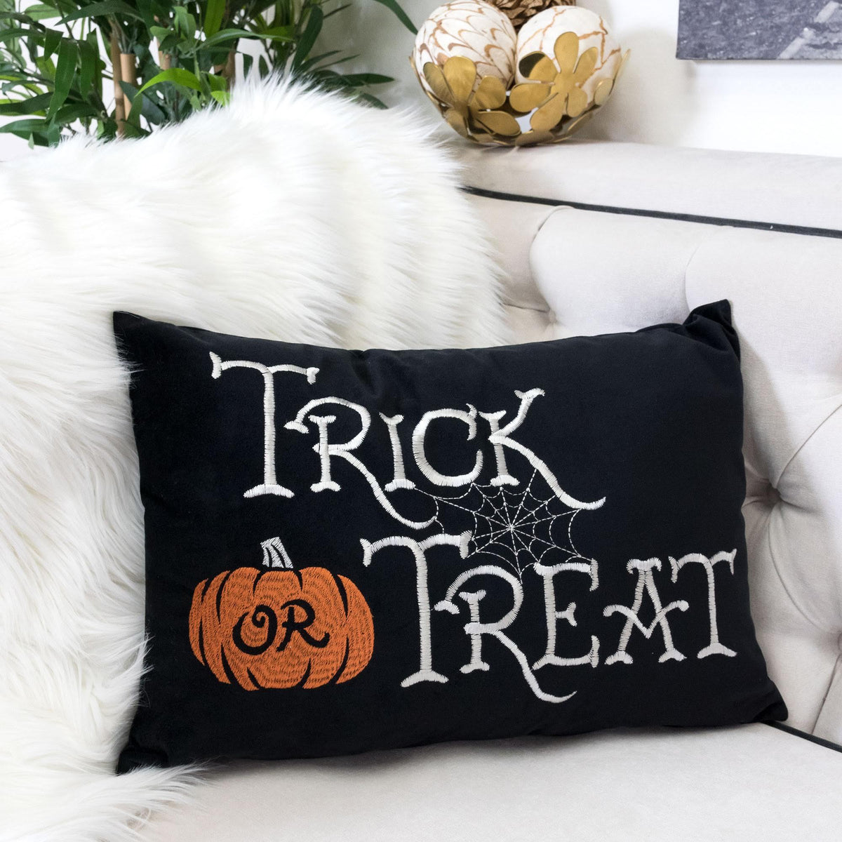Black Velvet Halloween Lumbar Pillow with Embroidered Trick or Treat – Includes Insert