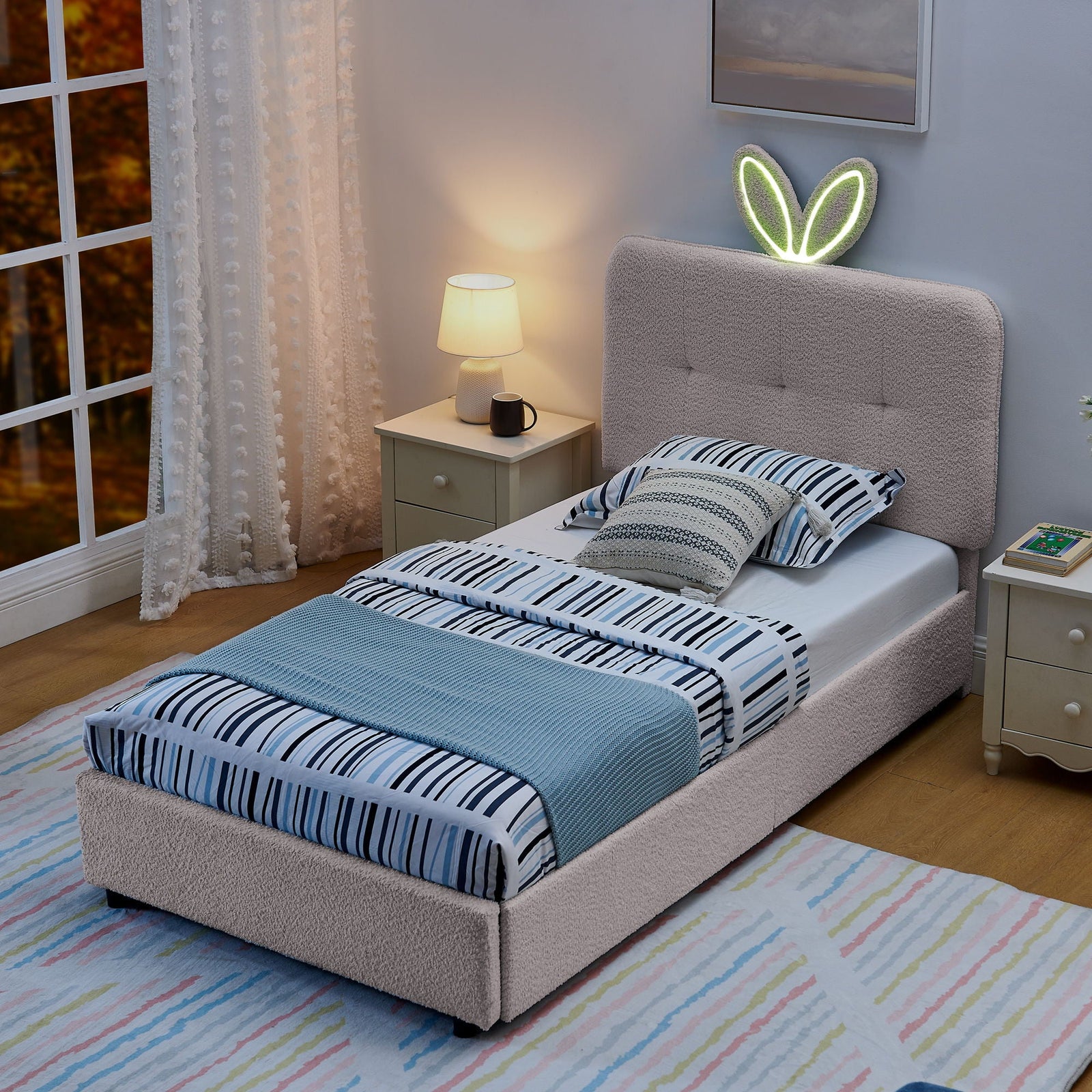 Upholstered Bed With Oversized Rabbit Ear Headboard, LED Lights & 4 Storage Drawers