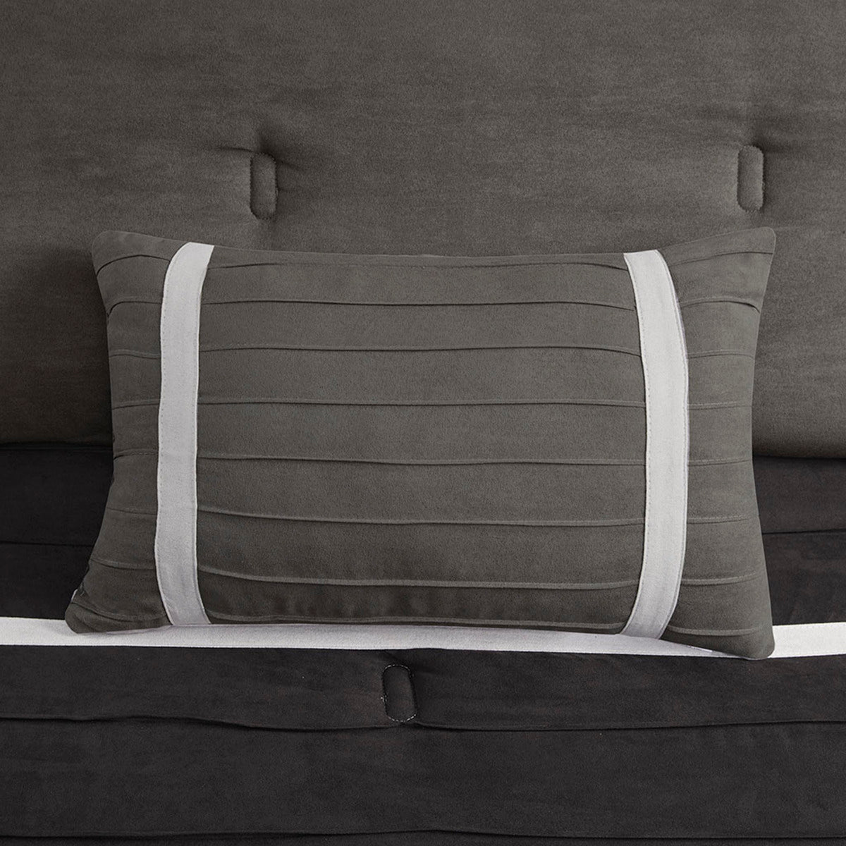 7 Pc Pieced Faux Suede Comforter Set in Black for Queen Beds
