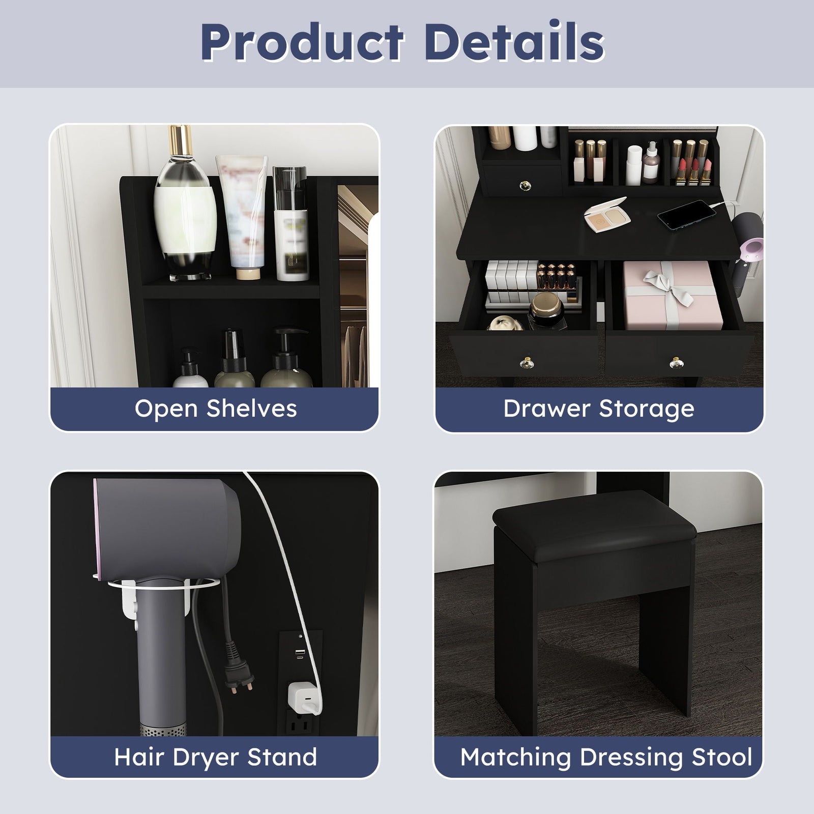 Modern Small Vanity Desk With 3 LED Lighting Modes, 3 Drawers