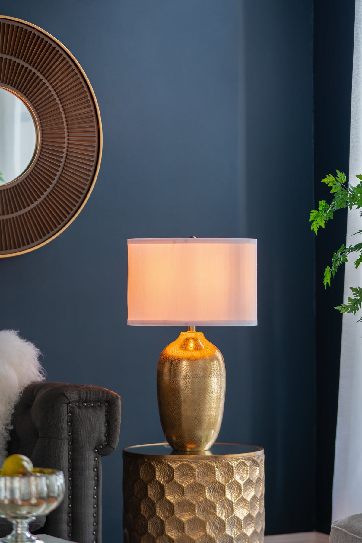 D15x25.7' Round Aluminum Sheet Gold Table Lamp with White Fabric Shade