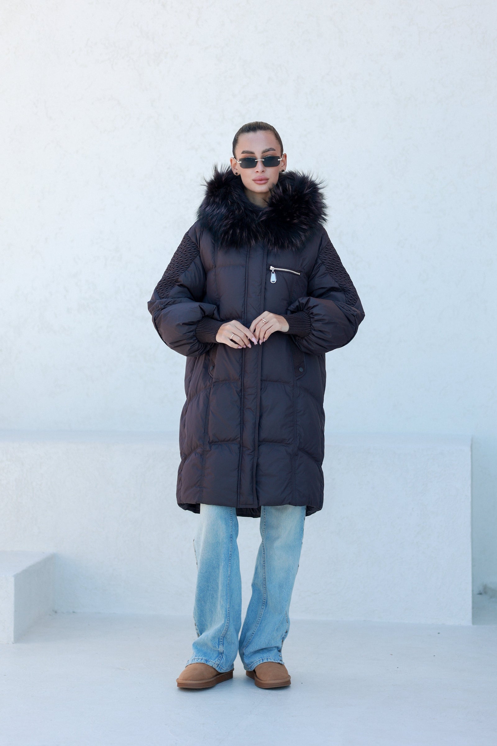 Dakota Genuine Fur Trim Down Fill Coat in Fig