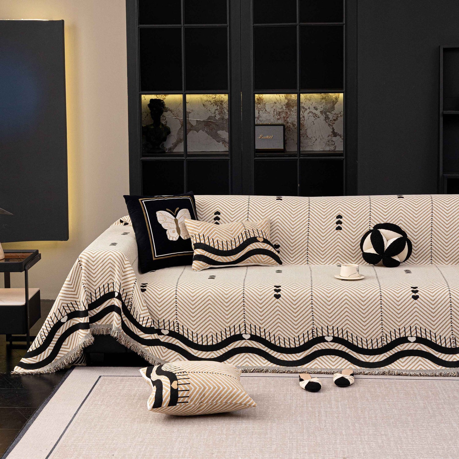 Chenille Sofa Throw Cover, Textured Chevron Decorative Couch Blanket for Living Room