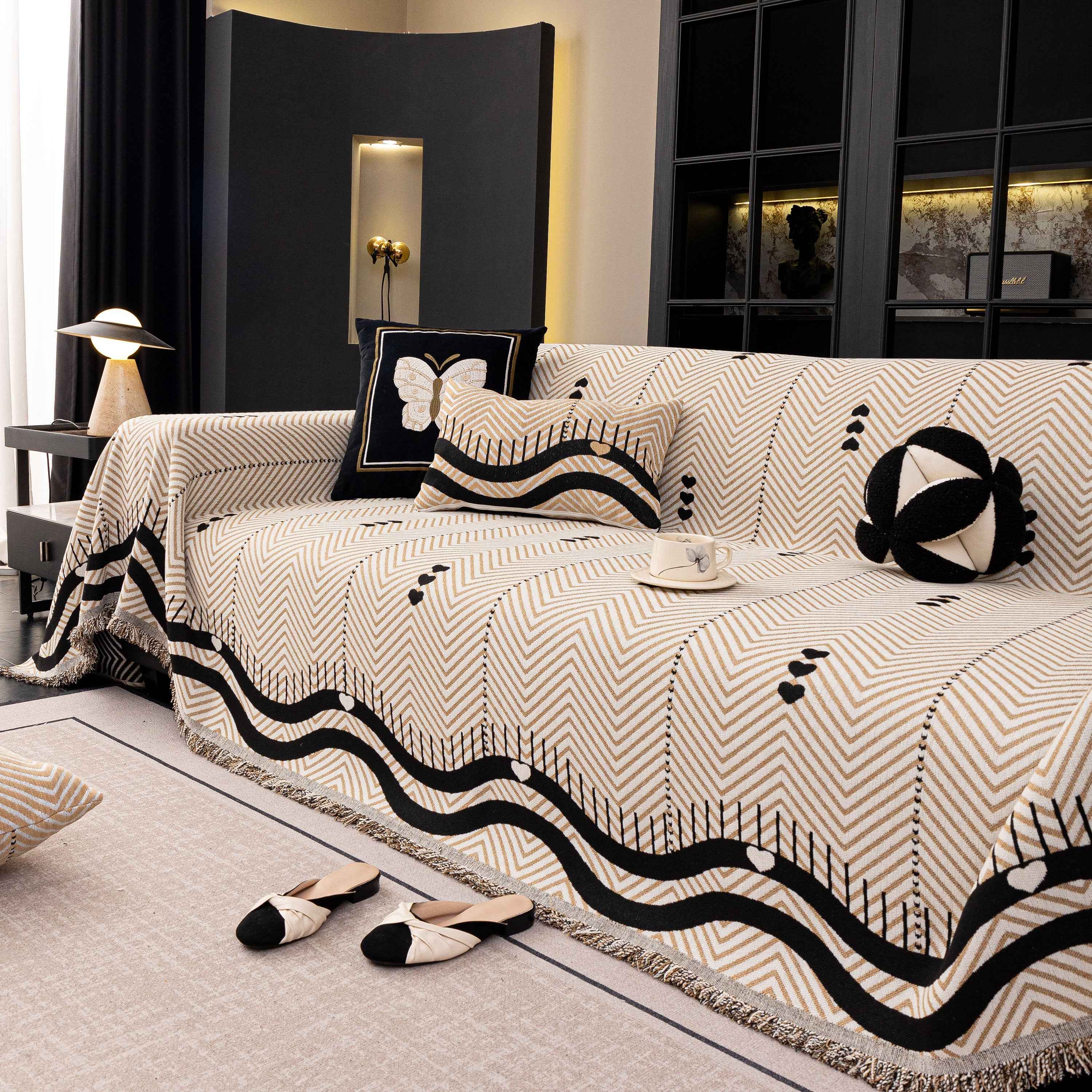 Chenille Sofa Throw Cover, Textured Chevron Decorative Couch Blanket for Living Room
