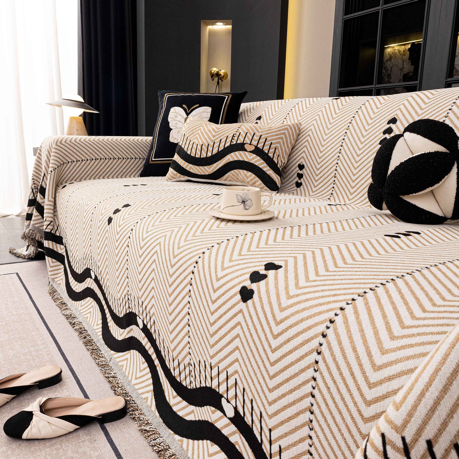Chenille Sofa Throw Cover, Textured Chevron Decorative Couch Blanket for Living Room