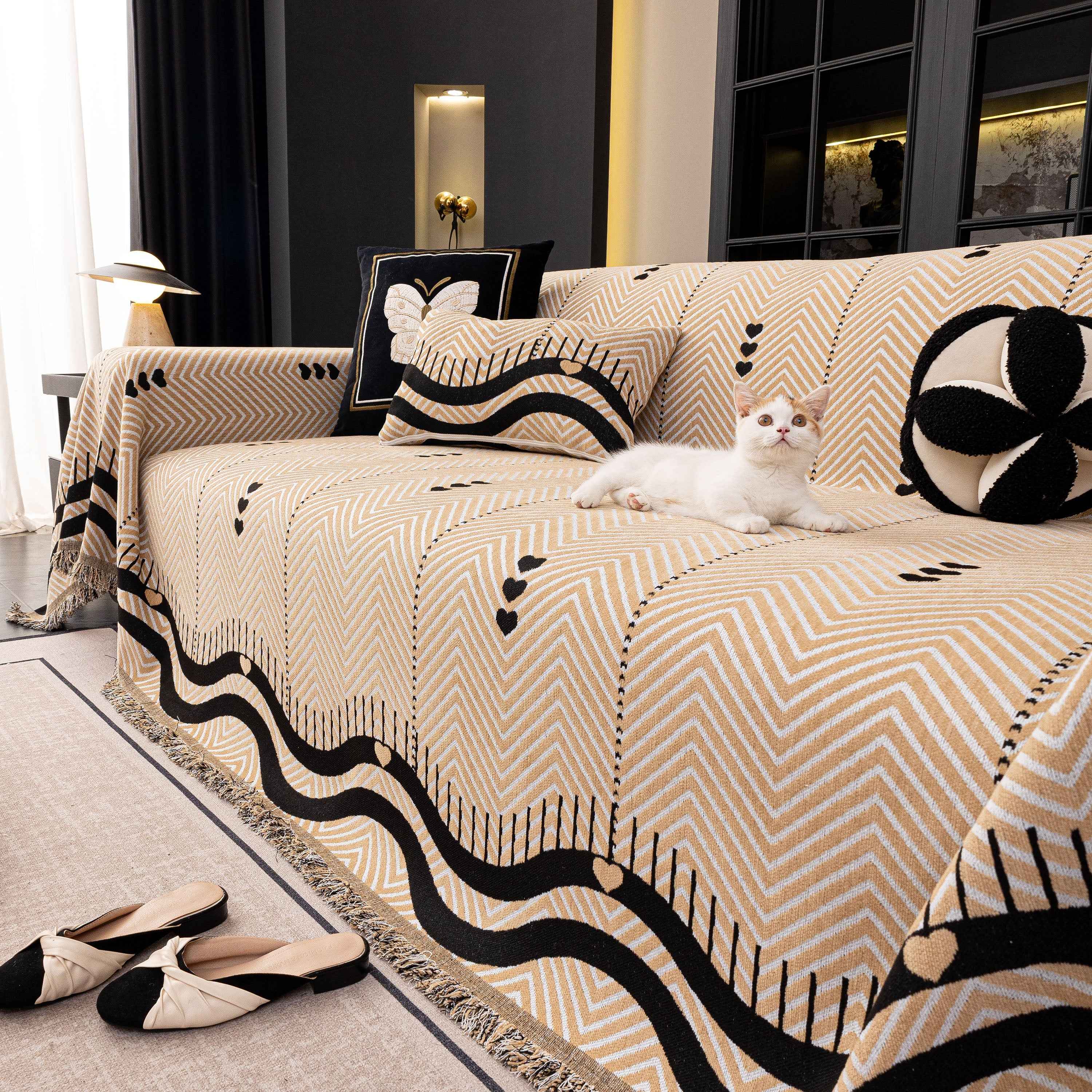 Chenille Sofa Throw Cover, Textured Chevron Decorative Couch Blanket for Living Room