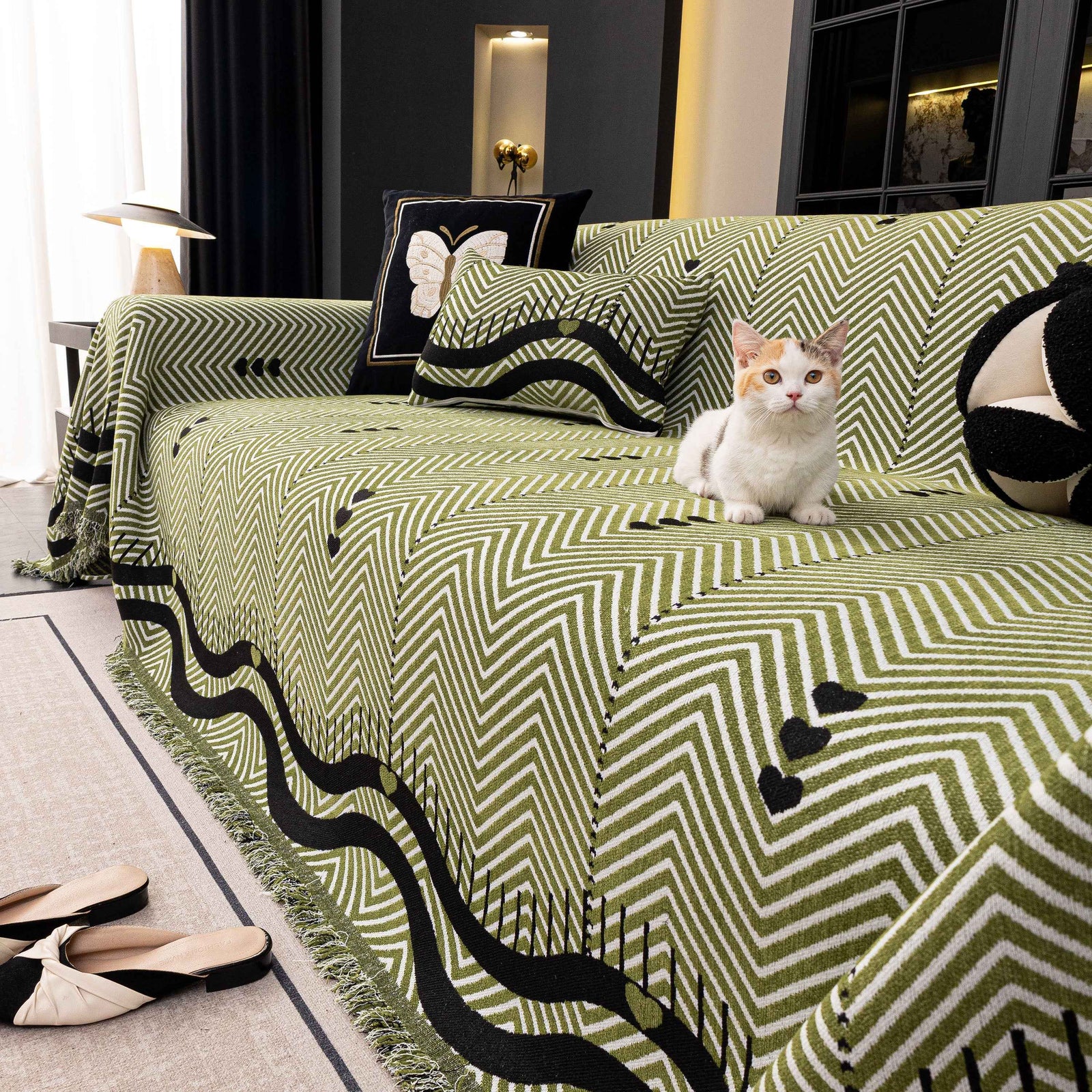 Chenille Sofa Throw Cover, Textured Chevron Decorative Couch Blanket for Living Room