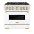 ZLINE 36"Classic Gas Range, Convection Gas Oven, DuraSnow® Stainless Steel, White Matte Door Polished Gold CGRSZ-WM-36-G