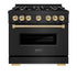 ZLINE 36" Dual Fuel Range, Gas Cooktop, Electric Convection Oven Black Stainless Steel, Gold CDRBZ-36-G