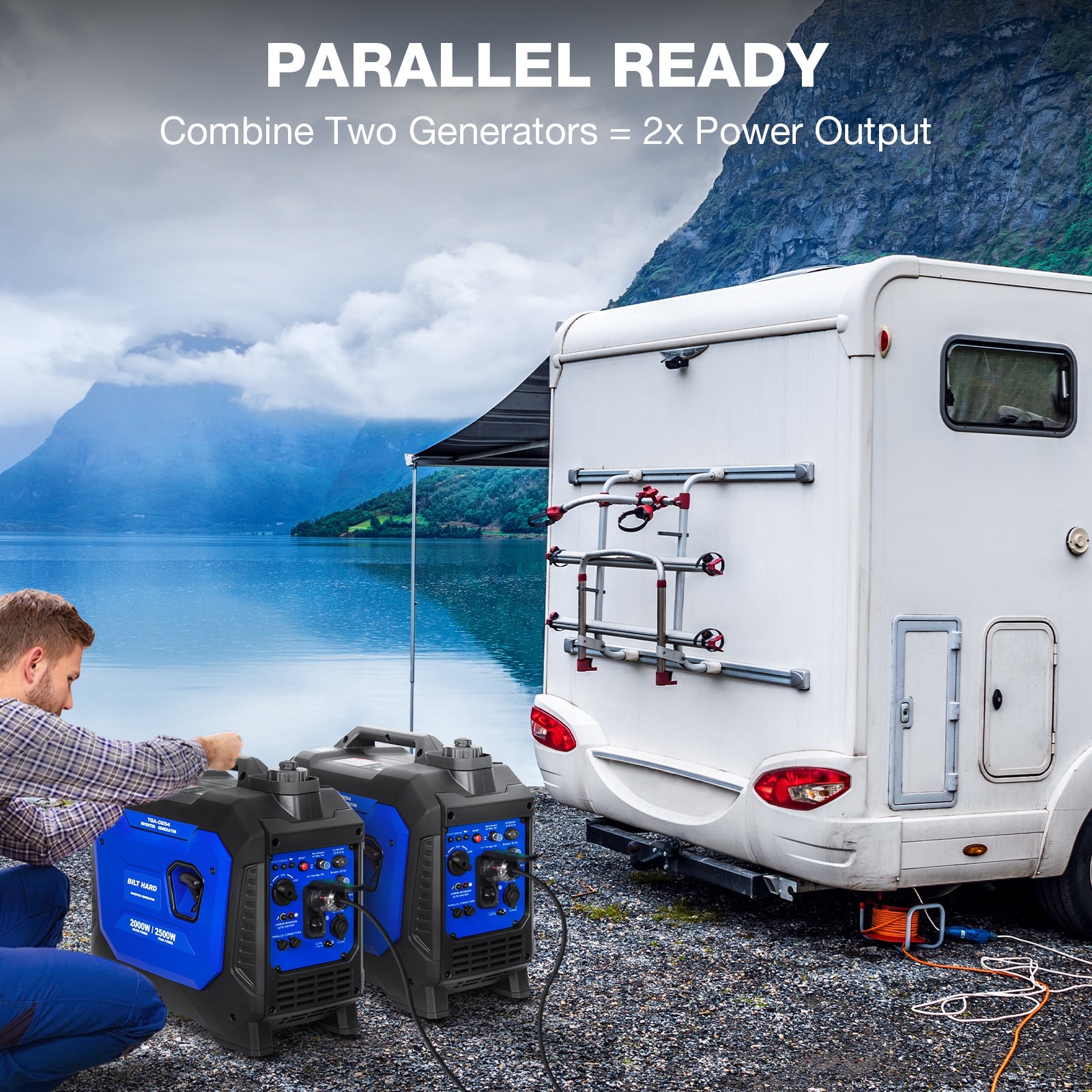 BILT HARD 2500W Portable Inverter Generator – Quiet 80cc 4-Stroke Ducar® Engine, CO Sensor, 120V AC & 12V DC, Compact Backup Power for Camping, RV, Home