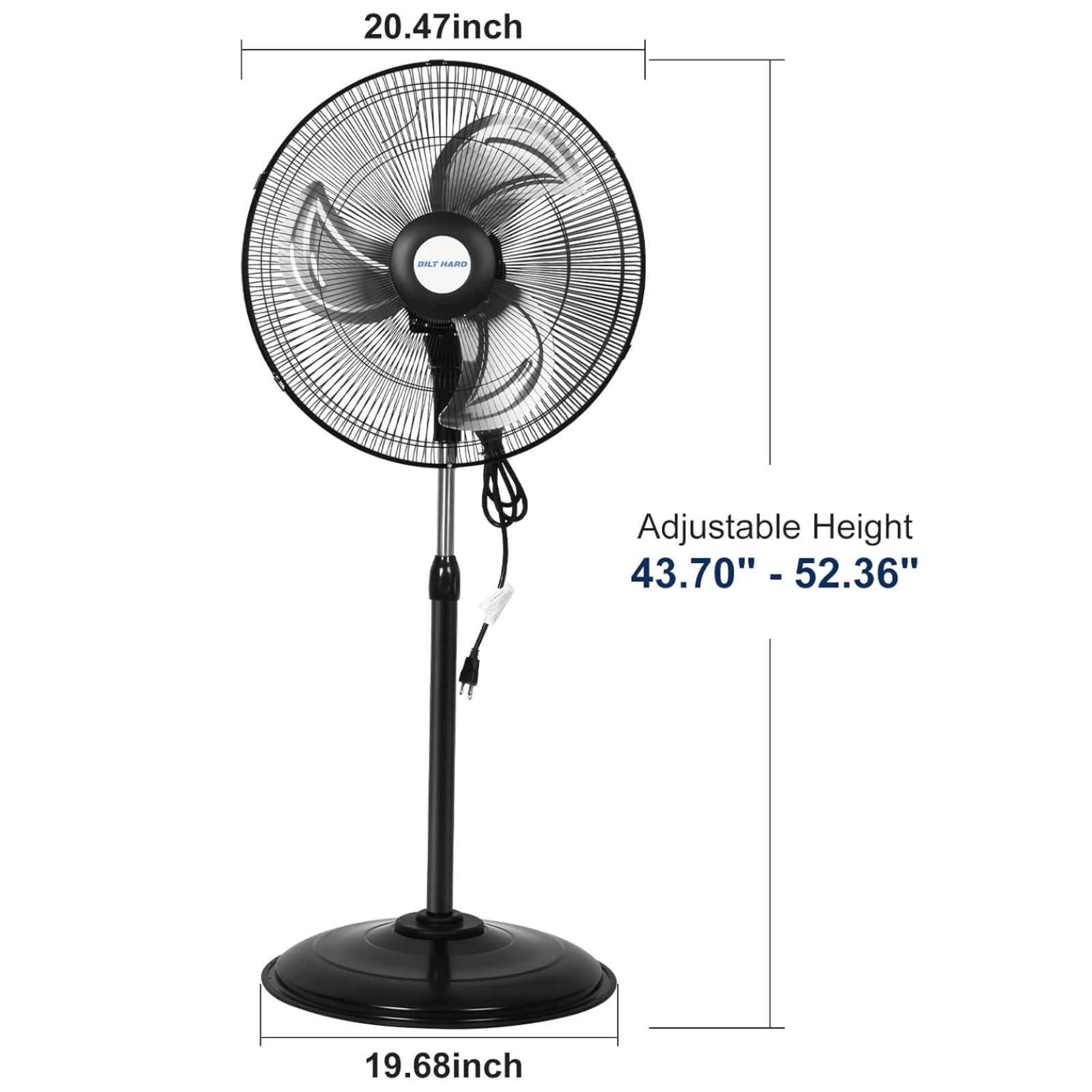 BILT HARD 18" 3900 CFM Oscillating Pedestal Fan: High Velocity, 3-Speed Metal Shop Fan, UL Listed