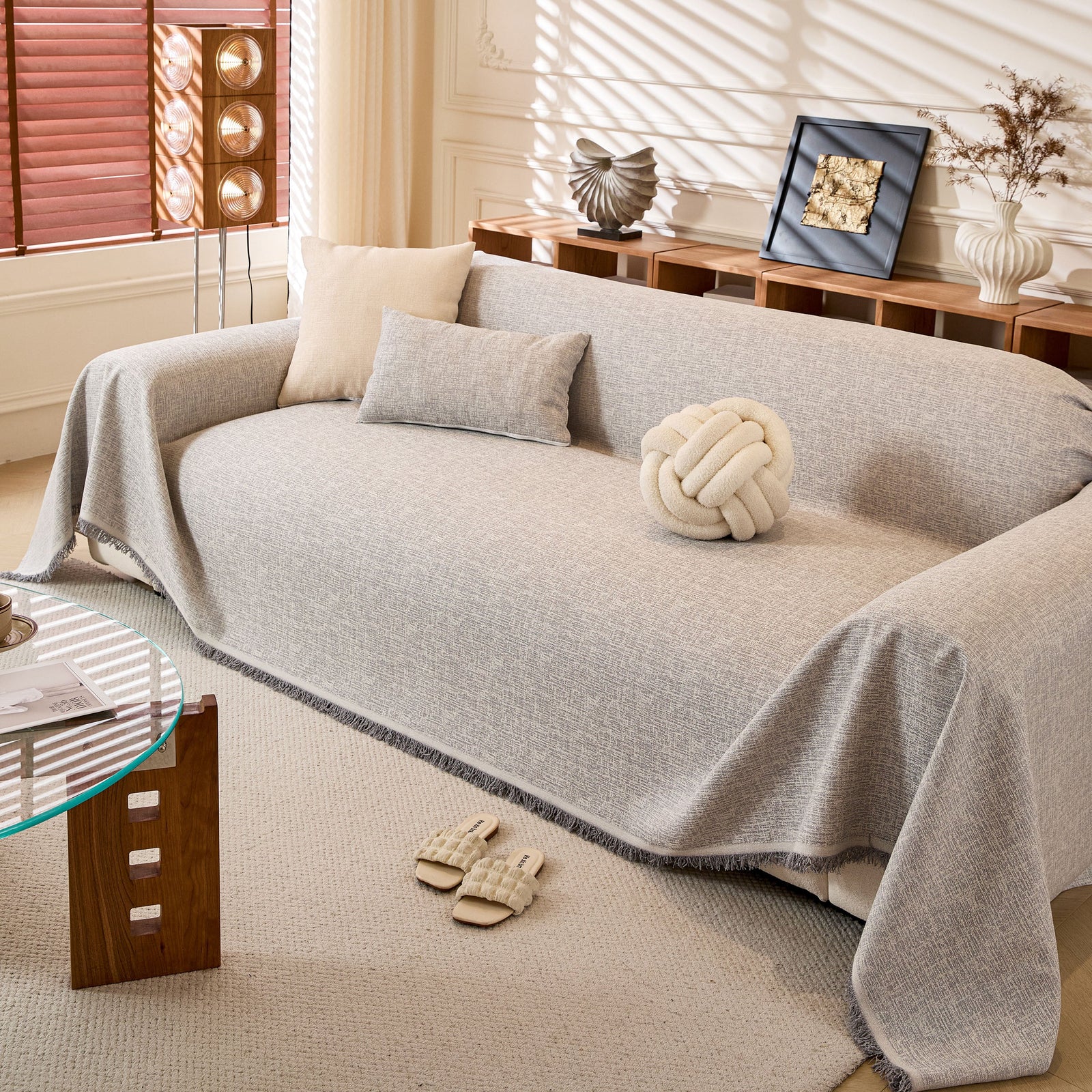 Natural Textured Linen Couch Cover, Breathable & Hypoallergenic Furniture Protector