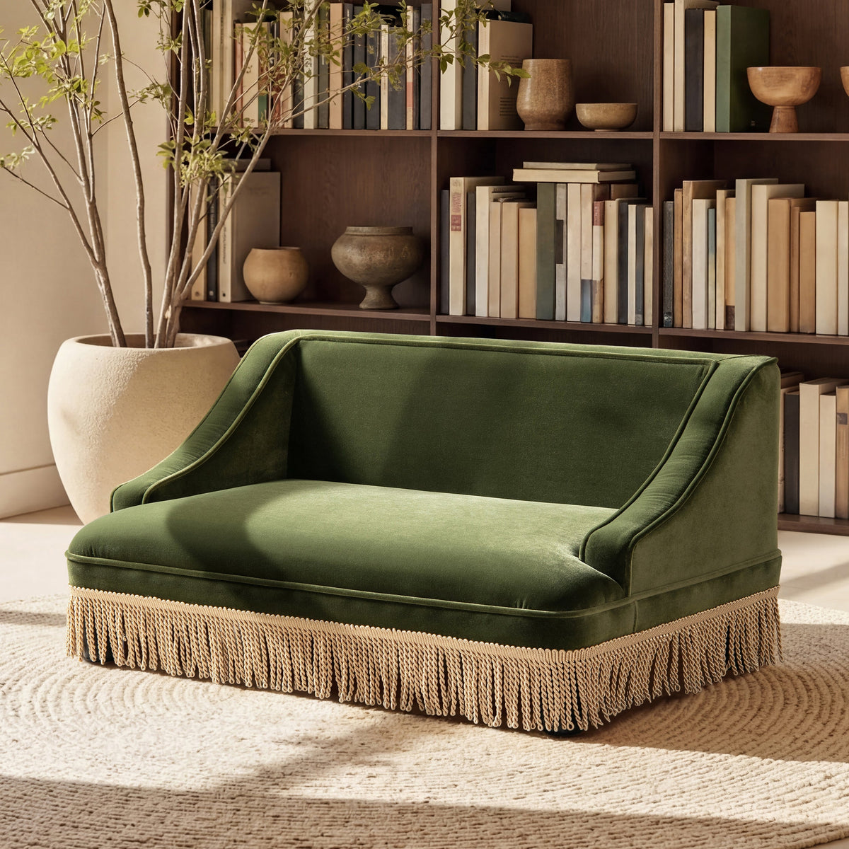 Olive Green Velvet Princess Pet Bed Sofa with Fringe Skirt - Medium