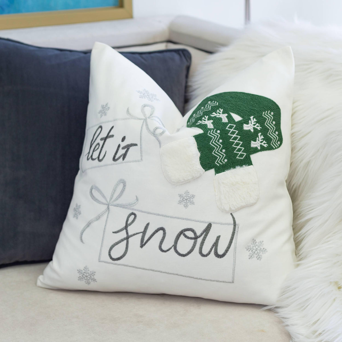 Let It Snow Christmas Throw Pillow with Embroidered Knit Hat - White/Green