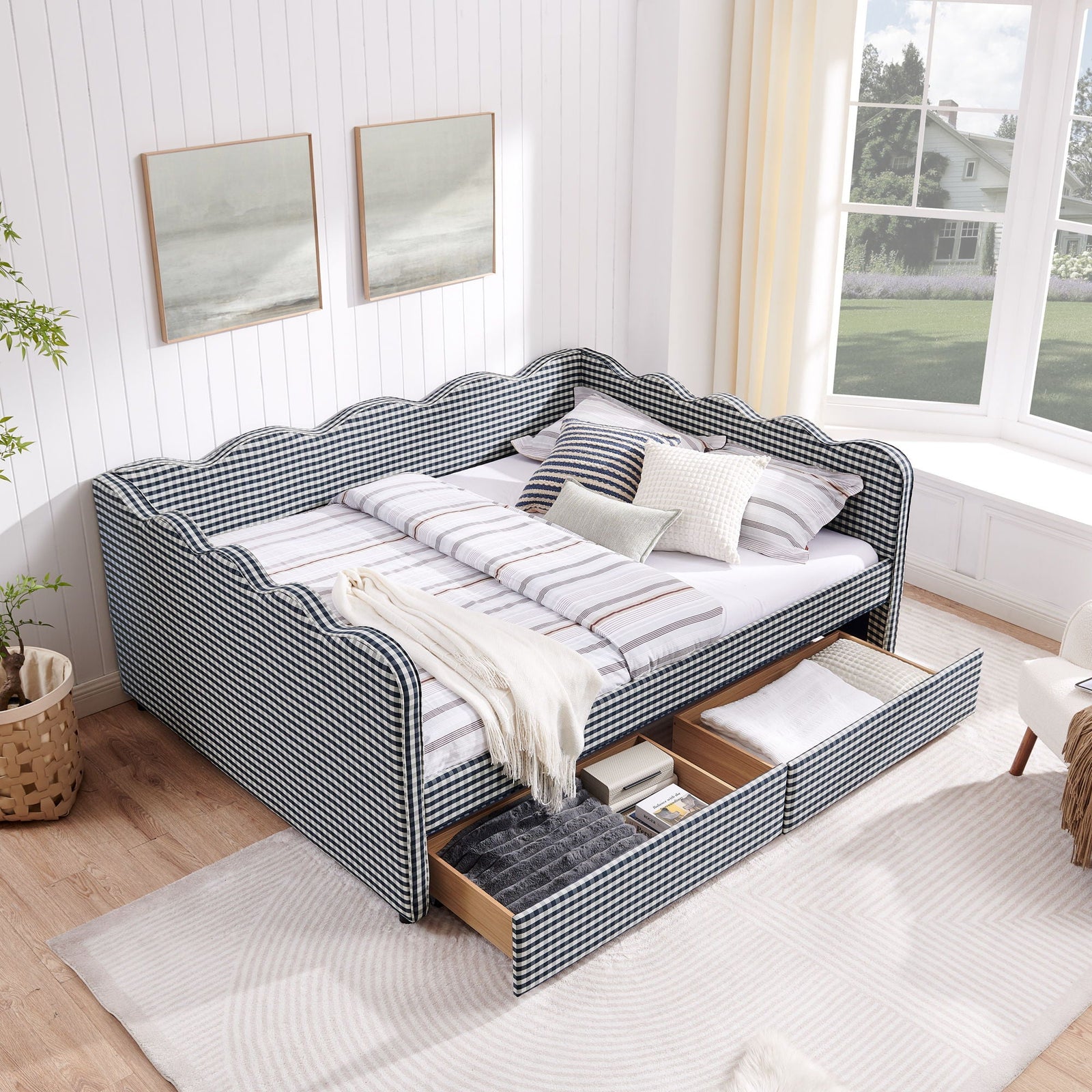 Gingham Daybed With USB Charging Port, Wave-Shaped Design