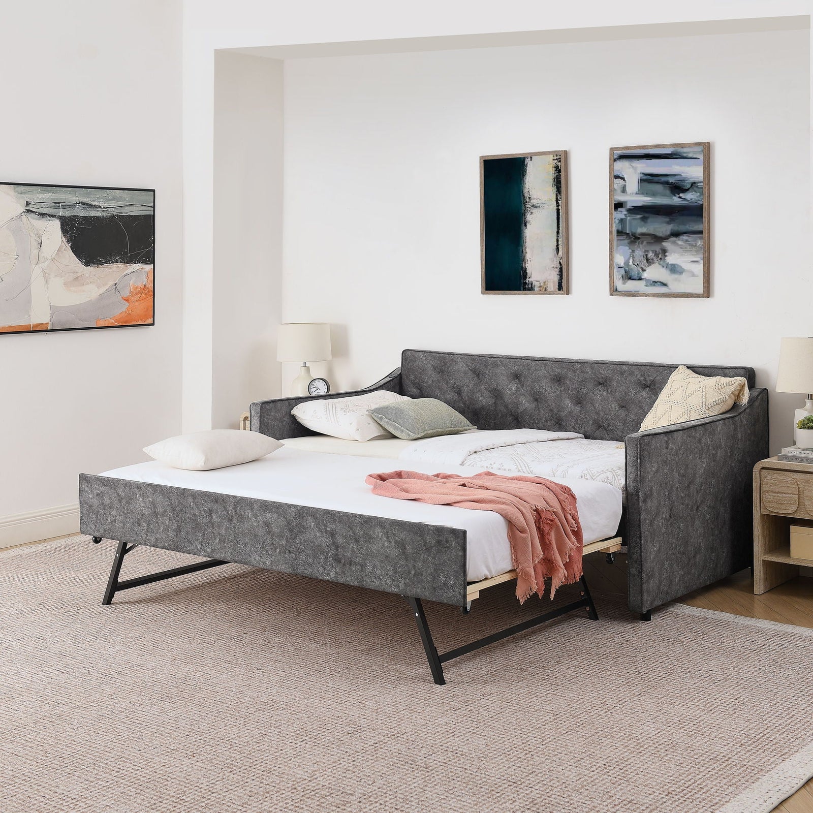 Daybed With Pop Up Trundle And USB Charging Armrest