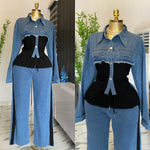 Two Piece Sets Women Pant Set Denim Splice Matching Sets Spring Top Wide Leg Long Pants Casual Loose Lace Up High Waist Jogger