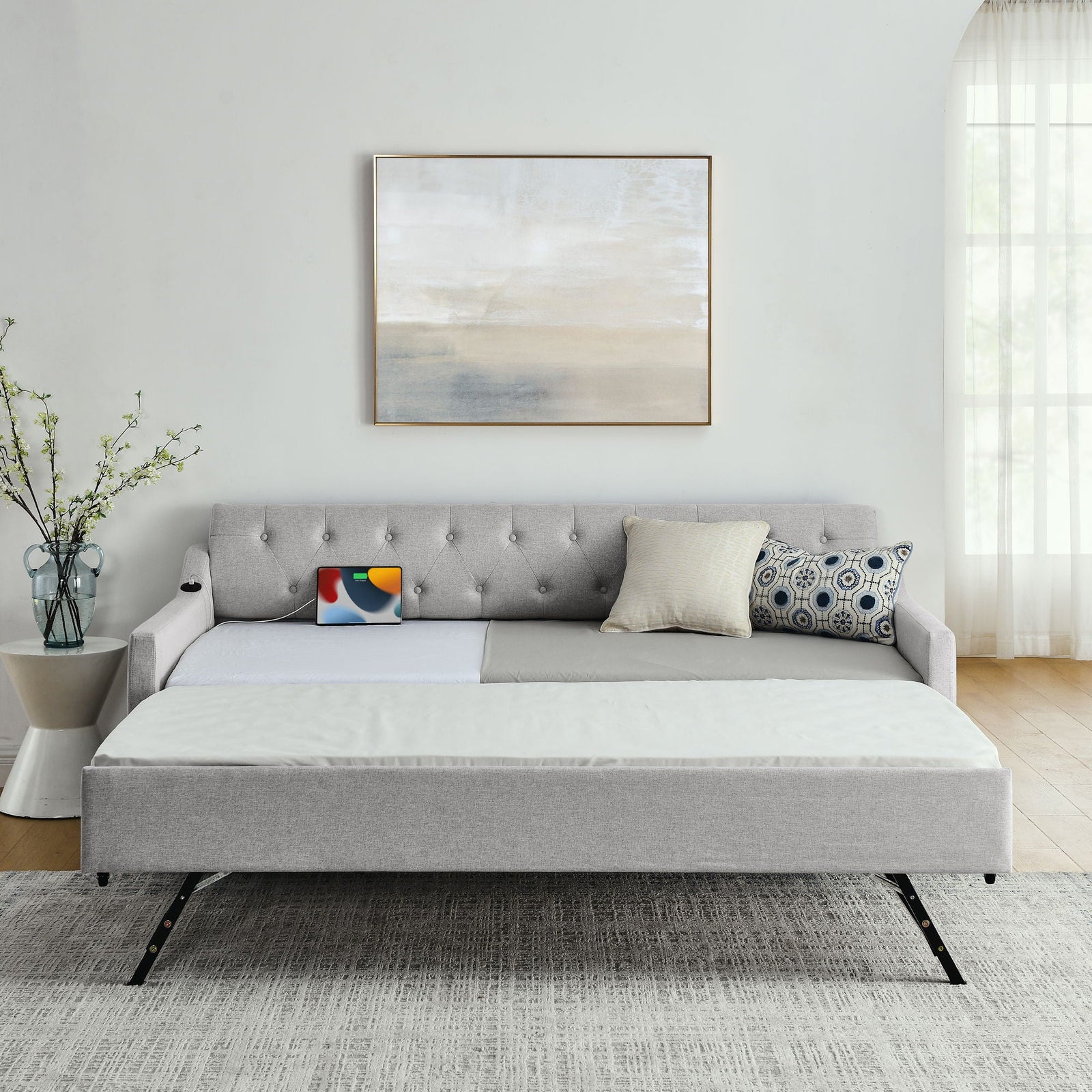 Size Upholstered Daybed With Trundle And USB Charging Armrest