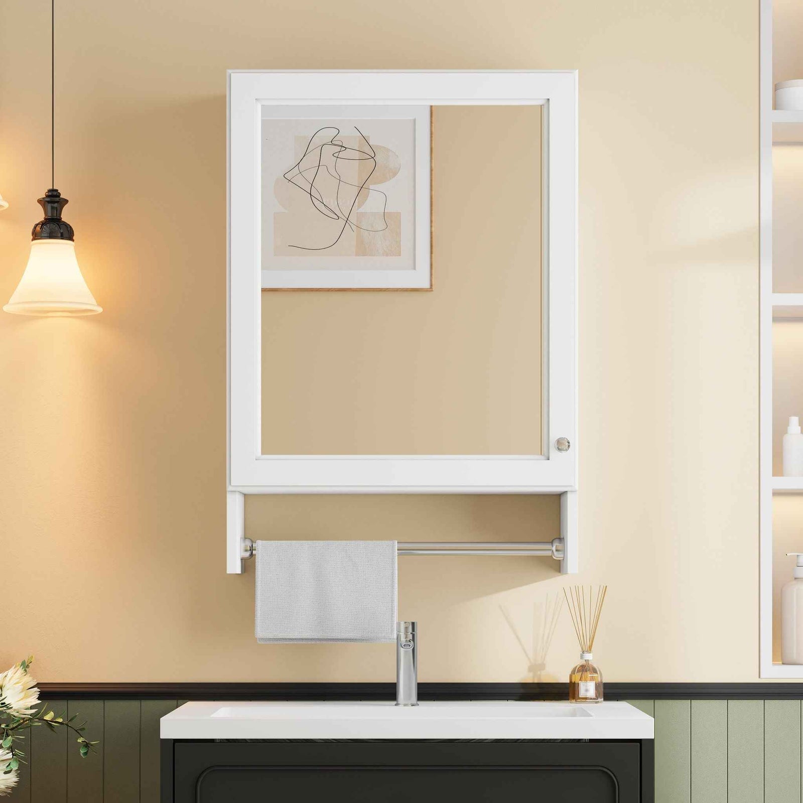 3 In 1 Wall Mounted Bathroom Mirror Cabinet With Adjustable Shelf, Soft Close Door, Mirror & Towel Bar - White