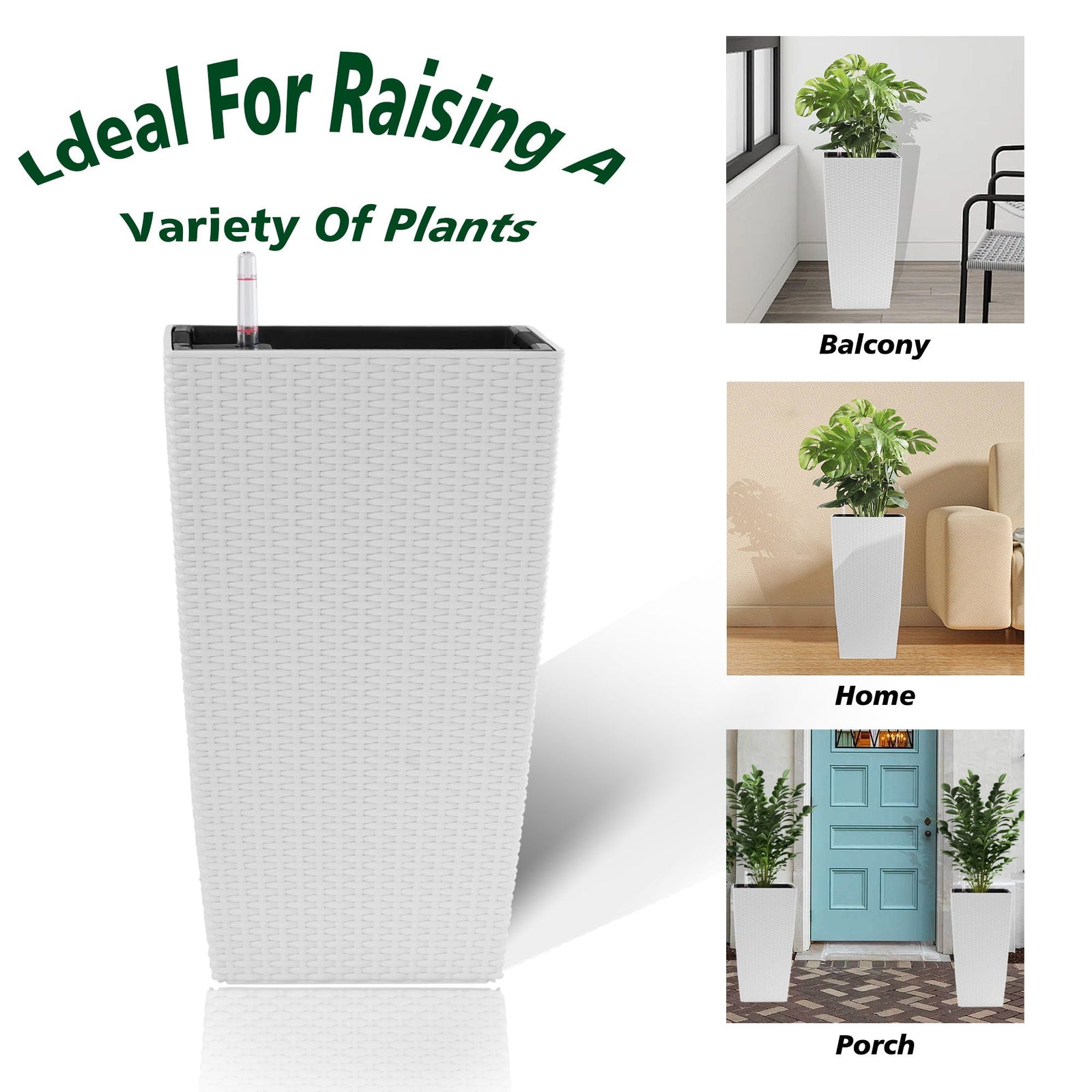 Square Large Planter With Automatic Watering System For Home And Garden (Set of 2) - White